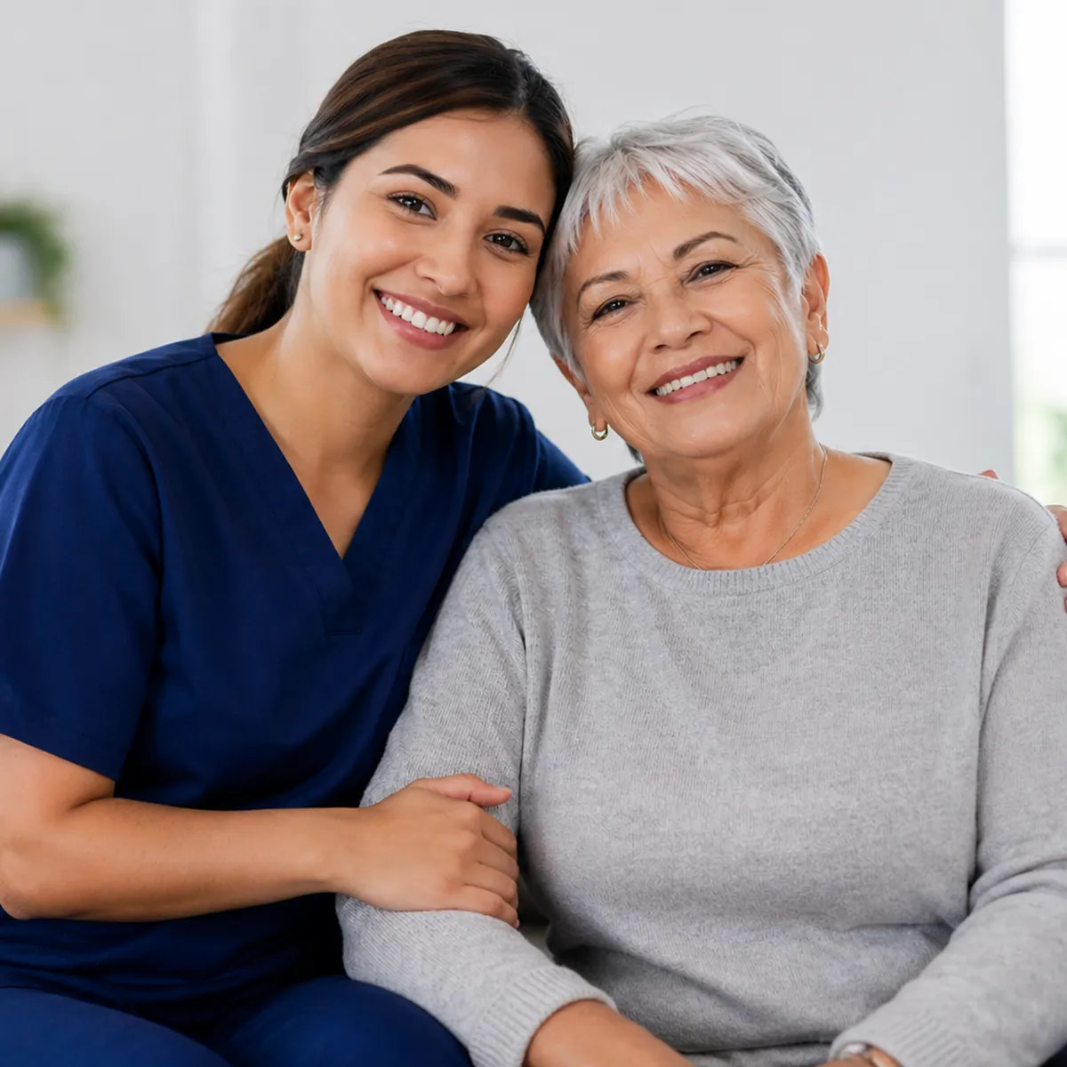 Image of a female nurse comforting an elderly woman.